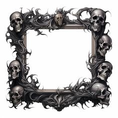 a frame with skulls and flames in the shape of a skull, on a white background