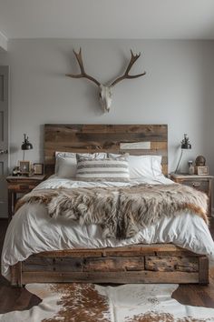 a bed with white sheets and pillows in a bedroom next to a deer head on the wall