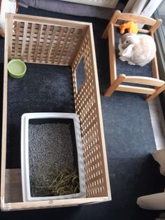 a dog is sitting on the floor next to two chairs and a litter box with grass in it