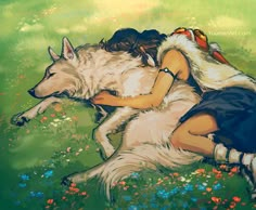 a painting of a girl hugging a dog on the grass with flowers in the background