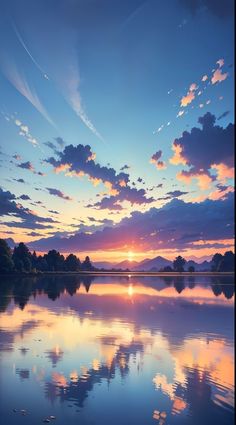 the sun is setting over a lake with mountains in the distance and clouds reflected in the water