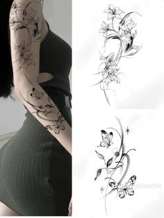 a woman's arm with flowers and butterflies tattooed on the back of her body