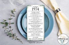 a blue plate with a menu on it next to some wine glasses and napkins