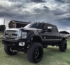 a large black truck parked on top of a lush green field