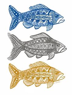 three different colored fish are shown in this drawing technique, each with an intricate pattern