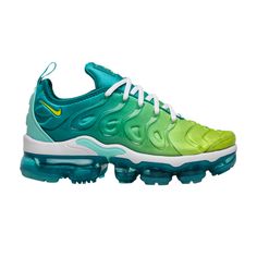 Find NIKE Wmns Air Vapormax Plus 'lemon Lime on Editorialist. Inspired by the retro sneaker, the Nike Wmns Air VaporMax Plus mixes nostalgia with modernized components. This 'Lemon Lime' women's revamp—debuted in April 2019—nods to the original 1998 design with an ombre, compression-molded upper and translucent TPU cage integrated into the lacing system. Classic branding is embedded into the counter and heel. A midfoot shank splits the full-length midsole and signature VaporMax unit. Classic Branding, Air Vapormax Plus, Nike Air Vapormax Plus, Cute Nike Shoes, Cute Nikes, Air Vapormax, Retro Sneakers, Lemon Lime, Hoka Running Shoes