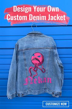 Express your creativity and stand out in the crowd in our fully customizable denim jackets. Add an image, text, logo - get creative! Customize online in 3 simple steps. Arrives at your door in 3-8 days. Free shipping on all US orders. Handmade-to-order in Chicago. Customize Yours Now! Harley Quinn Print, Jean Jacket Design, Custom Jean, Custom Jean Jacket, Custom Denim Jacket, Image Text, Custom Jeans, Custom Denim, Perfect Denim