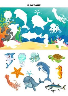 an ocean scene with different types of animals and sea creatures on the bottom right side