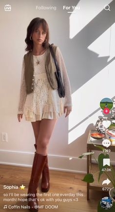 Knee High Boot Summer Outfit, Nashville Trendy Outfits, Dress And Waistcoat, High Lace Up Boots Outfits, Hozier Outfit Inspiration, Styling White Cowgirl Boots, Boho Country Outfits Winter, 70s White Outfit, 70s Waistcoat Outfit