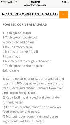 the recipe for roasted corn pasta is shown on an iphone screen, with instructions to make it