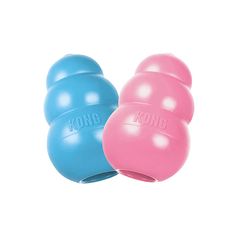 two blue and pink exercise balls sitting next to each other on a white surface with the word kong written on it