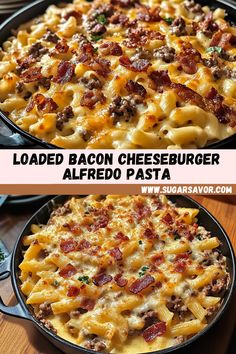 two photos of loaded bacon cheeseburger alfredo pasta in a cast iron skillet