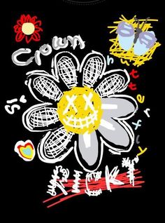 a black t - shirt with graffiti written on it and flowers in the center, surrounded by other stickers