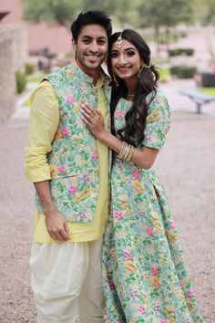 Jungle Jacquard Lehenga Outfit and Yellow Kurta and Jungle Jacquard Vest by Harleen Kaur. SAMEERA crop top is designed with short sleeves and is paired with the NEELA Jungle Jacquard lehenga skirt. A high waisted  skirt, both perfect for a south asian wedding outfit. ARJUN jungle jacquard vest is styled with a yellow cotton kurta. A sharp and stylish way to stay comfortable during a hectic wedding weekend! Mix and match these pieces for endless outfit options to wear from event to event! Bride Groom Matching Outfits, Couple Outfits Matching For Wedding, Lehenga Outfit, Jacquard Lehenga, Wedding Matching Outfits, Couple Dresses, Groom Dress Men, Yellow Kurta, Haldi Outfits