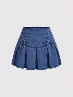 Plus Size Women's Simple Solid Color Daily Wear Denim Mini Skirt With Tie String Dark Wash    Denim Plain Pleated Medium Stretch  Women Plus Clothing, size features are:Bust: ,Length: ,Sleeve Length: Shein Coquette, Pleated Denim Skirt, Pleated Denim, Denim Skirt Outfits, Plus Size Denim, Cute Dress Outfits, Denim Skirts, Denim Mini Dress, Really Cute Outfits