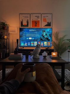 a person sitting in front of a flat screen tv with a cat on their lap