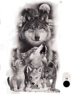 three wolfs are standing together in front of the moon and trees, with their faces painted black and white