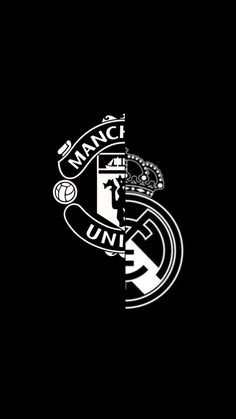 the manchester united logo is shown in black and white, as well as an emblem