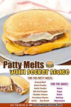 a poster advertising patty melts with secret sauce for the patty melts, which includes cheese and other toppings