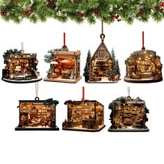 christmas ornament set with bookshelves and trees on white backgrounnd