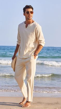 Linen Men Outfit, Linen Outfit Men, Mens Beach Outfits, Linen Shirt Outfit, Vacation Outfits Men, Beach Outfit Men, Linen Style Fashion, Linen Pants Outfit