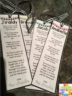 two bookmarks with words and hearts on them