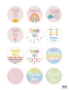 thank you stickers with rainbows and arrows in different colors, including the words thank you