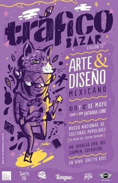 the poster for an art and diseno mexican festival, featuring a cat in purple