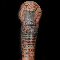 a man with a tattoo on his arm that reads, there are stairs to heaven