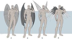 four different angles of the body and wings of an adult male figure, from front to back