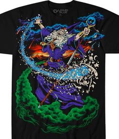 a black t - shirt with an image of wizard holding a staff and flying through the air