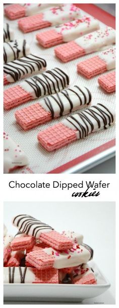 chocolate dipped wafer cookies with pink and white icing