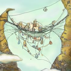 a drawing of a house in the sky with wires above it and trees around it