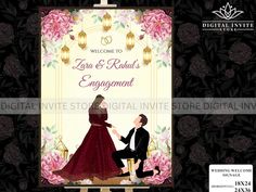 a wedding card with an illustration of a bride and groom sitting on a bench in front of a floral background