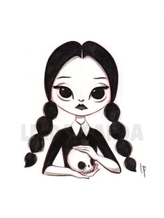 a drawing of a girl holding a skull