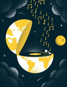 an image of a record player flying around the world