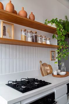 a kitchen with white counters and shelves filled with potted plants on top of the stove