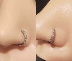 two different views of the nose and side of a woman's nose with diamond hoop earrings