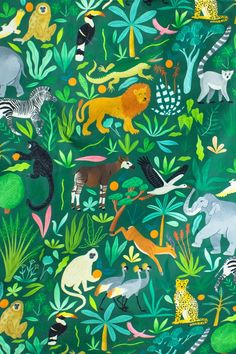 an image of jungle animals on green background