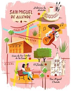 an illustrated map of san miguel de allene with people sitting and walking around it