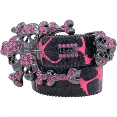 b.b. Simon Electric Pink Skull Pile Crystal Belt - Dudes Boutique Pink Bb Belt Outfit, Crystal Belt, Pink Skull