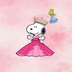 a cartoon dog wearing a pink dress and a tiara