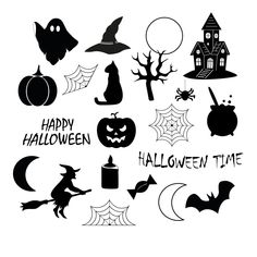 black and white silhouettes of halloween related items including pumpkins, jack - o'- lanterns, bats, spiderwets, ghost