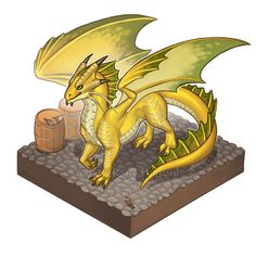 a yellow dragon sitting on top of a rock