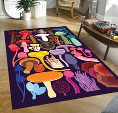 a colorful rug on the floor in a living room