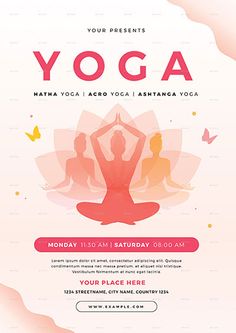 the yoga flyer is shown in pink and white