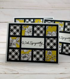 two cards with black and yellow designs on them, one has the words wh sympathy