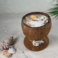 a coconut shell with pearls and seashells in it