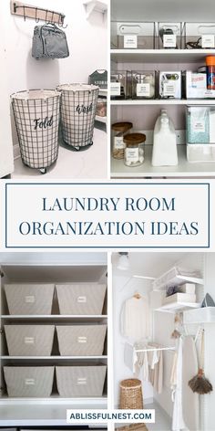 the laundry room organization ideas are organized with baskets, bins and other things to use