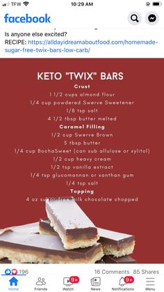 the facebook page for keto twix bars